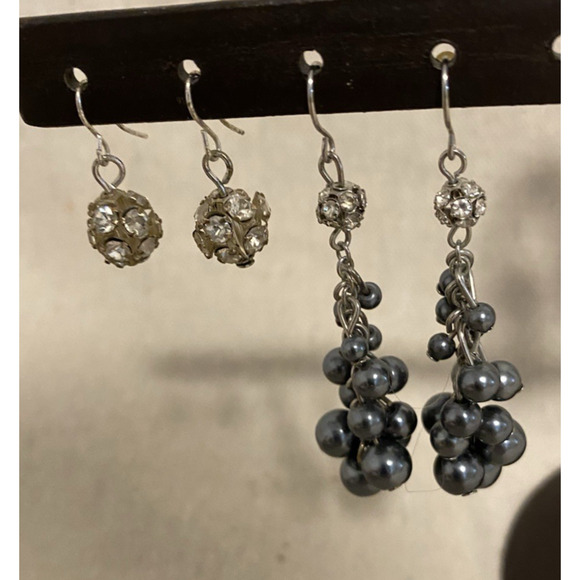 Vintage Set of 2 Dangle Rhinestone Ball Earrings Elegant 80's Fashion Jewelry - Picture 3 of 7